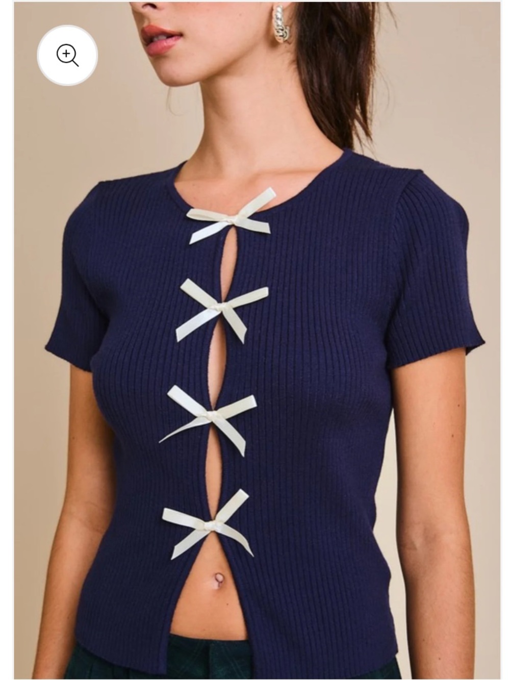 Le Lis Navy Crop Top with White Bows